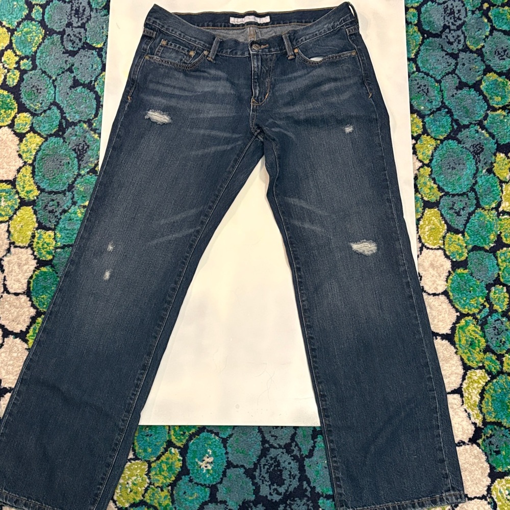 Old Navy Women's Straight Leg Long Jeans - Dark Blue Distressed - 12 Tall